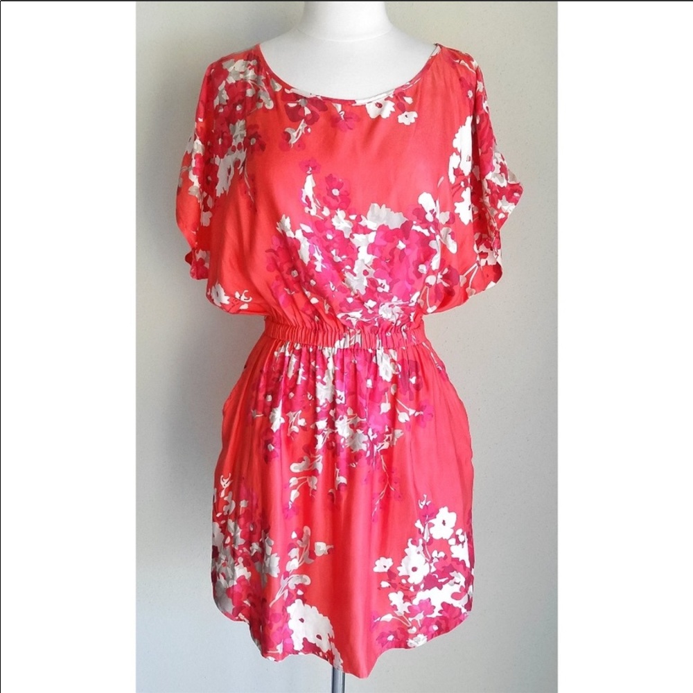 Express Coral Pink Floral Silky Short-Sleeve Dress